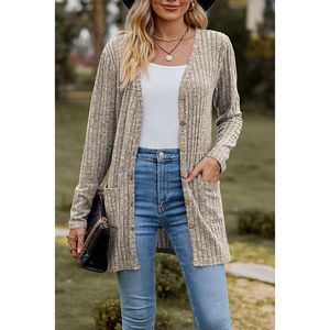 Azura Exchange  Khaki Rib Knit V Neck Button up Cardigan with Pockets
